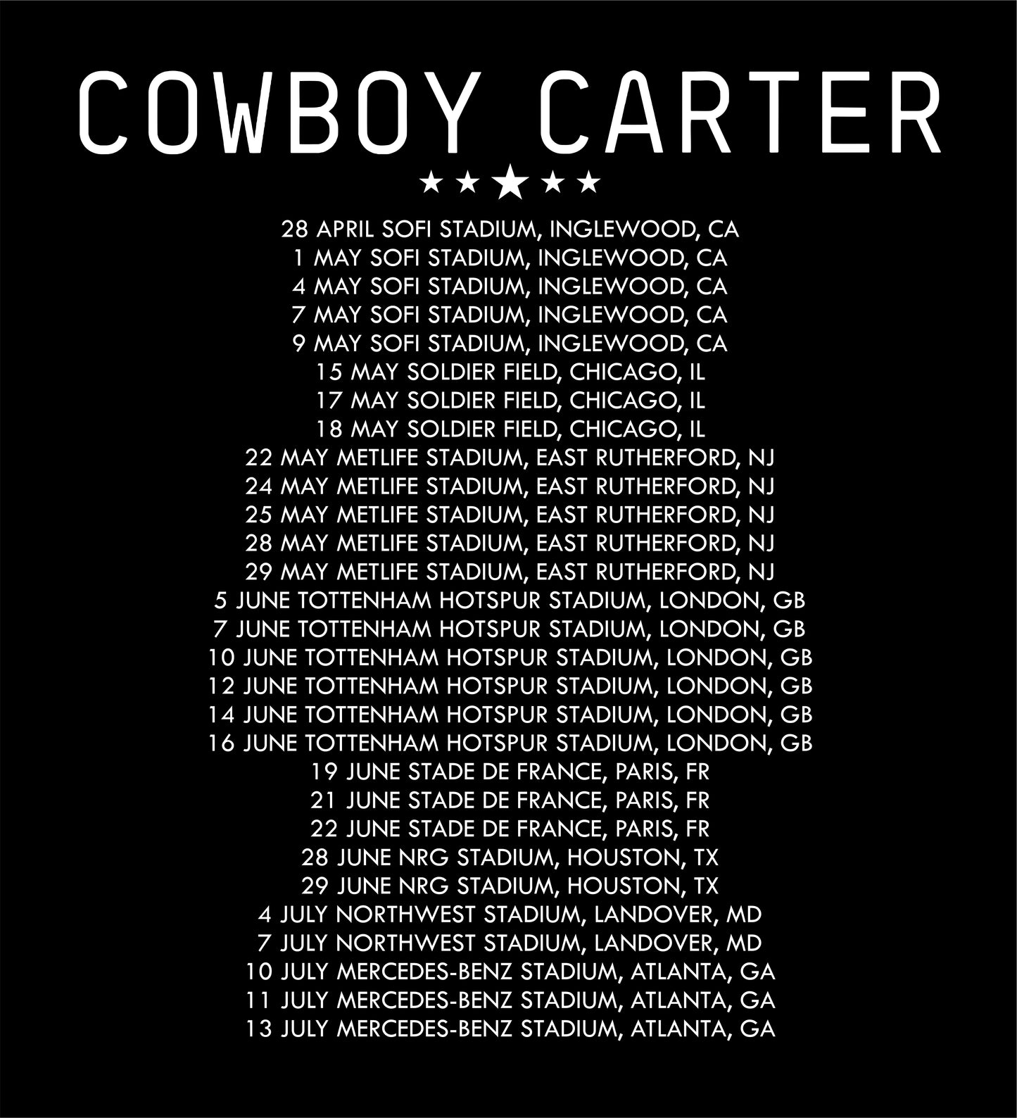 Beyonce Cowboy Carter T-Shirt Tour Dates